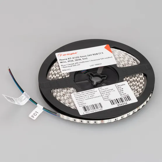 Фото #5 товара Светодиодная лента RT-G120-5mm 24V RGB (7.5 W/m, IP20, 3838, 5m) (Arlight, узкая)