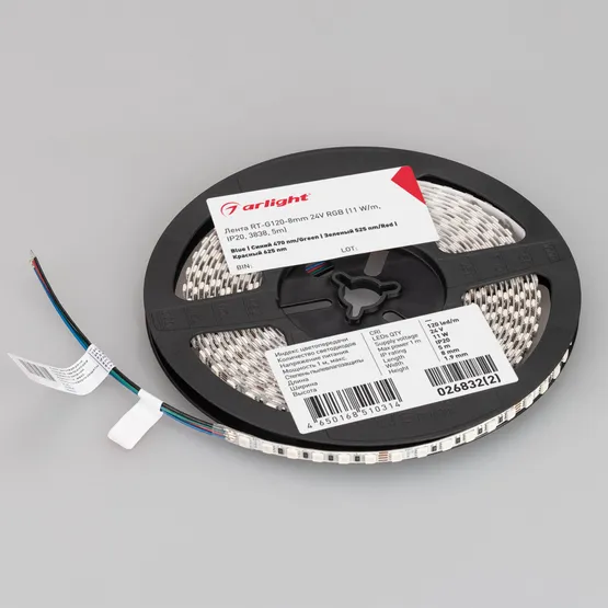 Фото #4 товара Светодиодная лента RT-G120-8mm 24V RGB (11 W/m, IP20, 3838, 5m) (Arlight, Открытый)