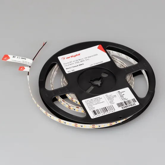 Фото #2 товара Светодиодная лента RT-A120-8mm 12V Warm3500 (14.4 W/m, IP20, 2835, 5m) (Arlight, Открытый)