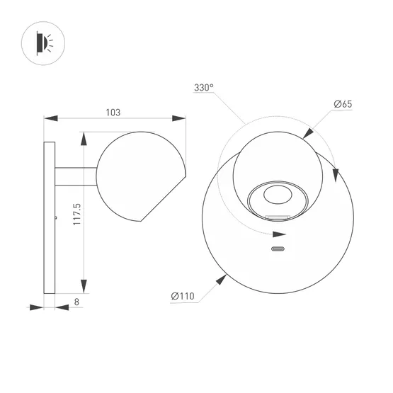 Фото #4 товара Светильник SP-OTTORI-WALL-CHARGE-6W Warm3000 (BR, 30 deg, 230V, USB-C) (Arlight, IP20 Металл, 3 года)