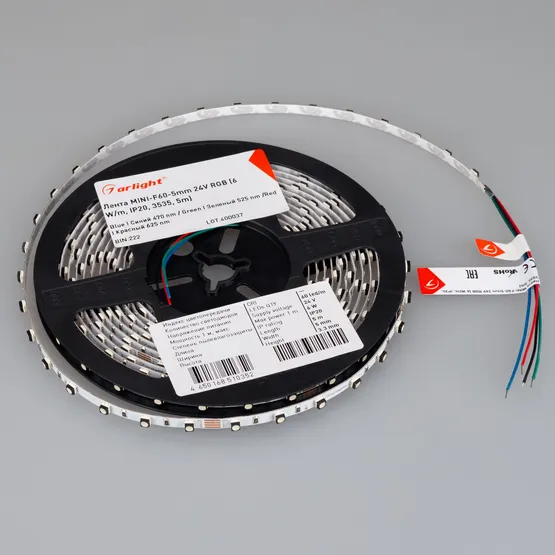Фото #2 товара Светодиодная лента MINI-F60-5mm 24V RGB (6 W/m, IP20, 3535, 5m) (Arlight, узкая)