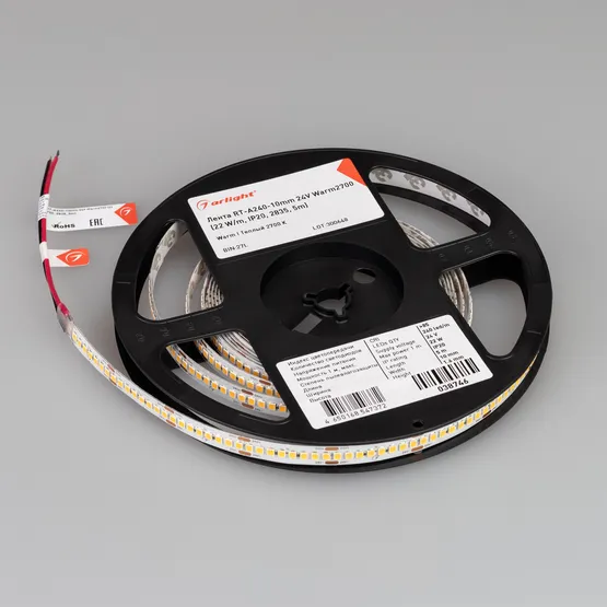 Фото #2 товара Светодиодная лента RT-A240-10mm 24V Warm2700 (22 W/m, IP20, 2835, 5m) (Arlight, высок.эфф.150 лм/Вт)