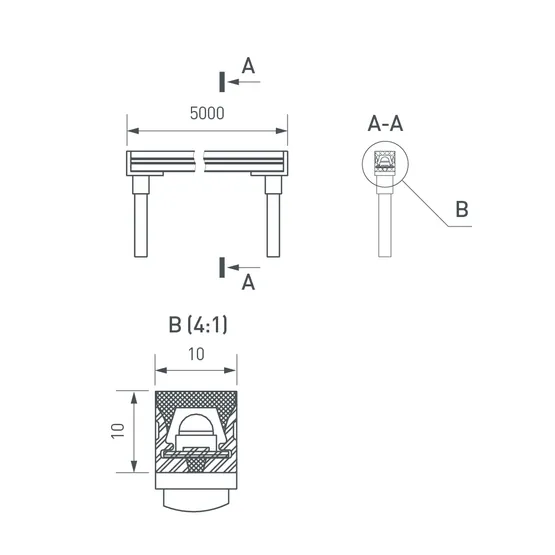 Фото #6 товара Грейзер THOR-TOP-B70-10x10mm 24V Warm2700 (15 W/m, IP67, 5m, wire x2) (Arlight, Вывод вниз, 3 года)