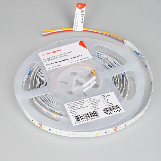 Фото #4 товара Светодиодная лента RT-A120-10mm 24V White-MIX (9.6 W/m, IP20, 3528, 5m) (Arlight, Изменяемая ЦТ)