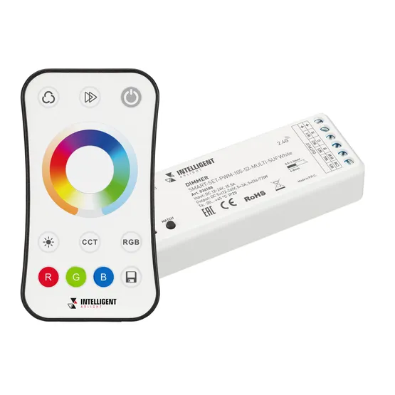 Фото товара INTELLIGENT ARLIGHT Диммер SMART-SET-PWM-105-52-MULTI-SUF White (12-24V, 5x3A, ПДУ RING 10кн, 2.4G) (IARL, Контроллер)