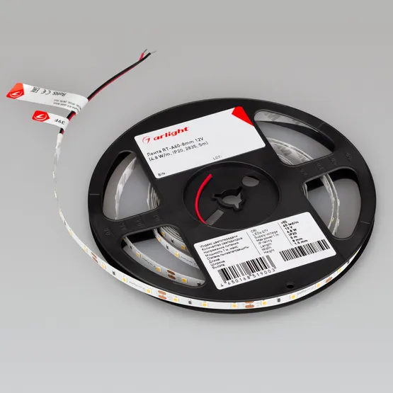 Фото #2 товара Светодиодная лента RT-A60-8mm 12V Day4000 (4.8 W/m, IP20, 2835, 5m) (Arlight, Открытый)